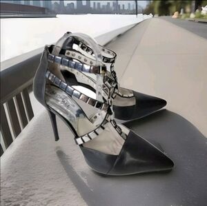 Michael Michael Kors black silver Chantelle T strap heel formal  shoes size 8M